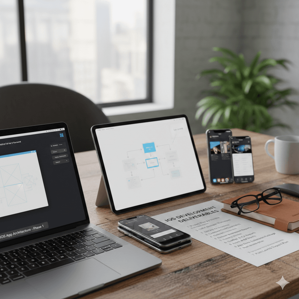 Our iOS development deliverables - AI, UI/UX, backend, APNs, storage, support