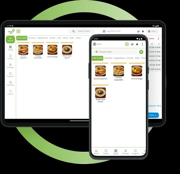 Basil POS tablet and phone showing an à la carte menu and open order total