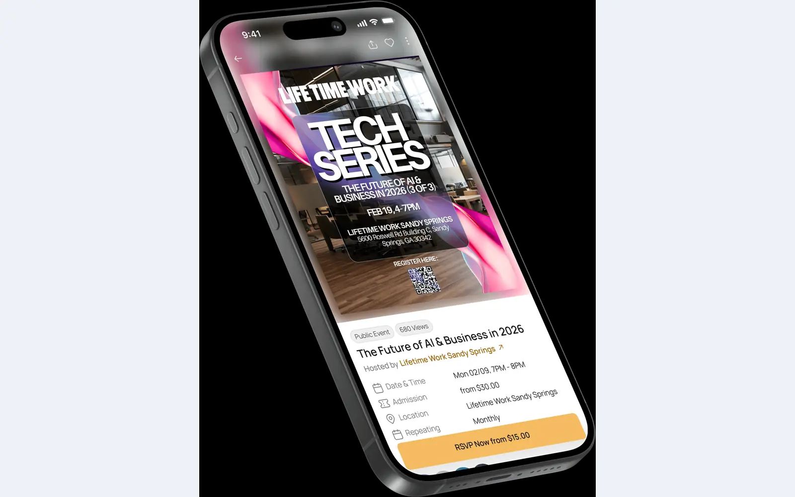 Get Networked mobile app showing an event listing with date, admission and RSVP