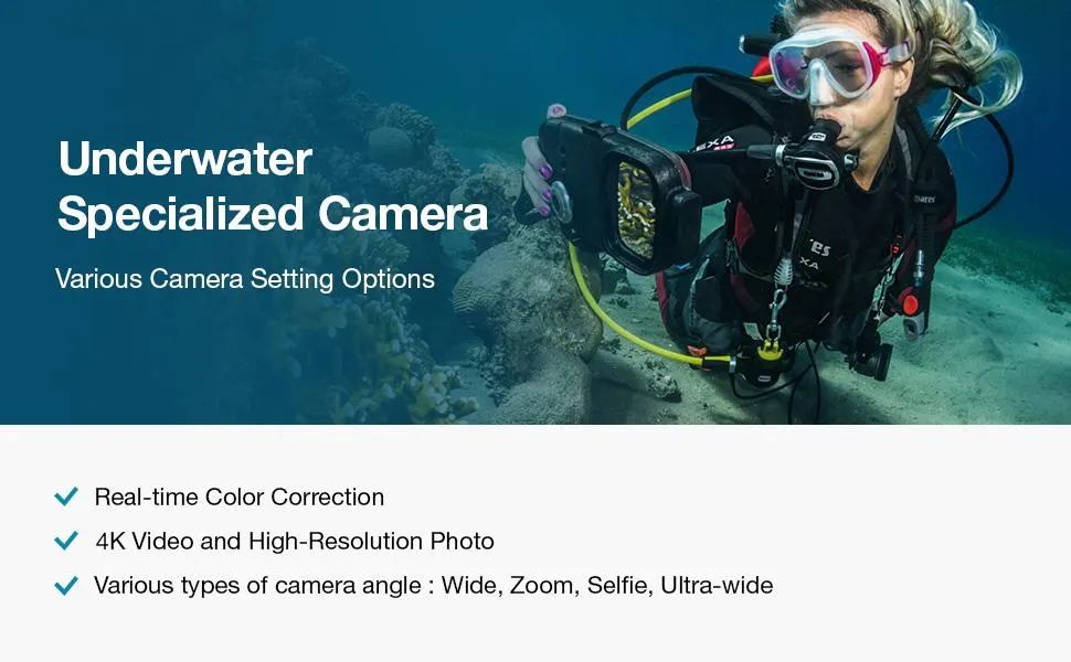 A diver photographing a reef through the Diveroid housing, listing real-time colour correction, 4K video and wide, zoom, selfie and ultra-wide angles
