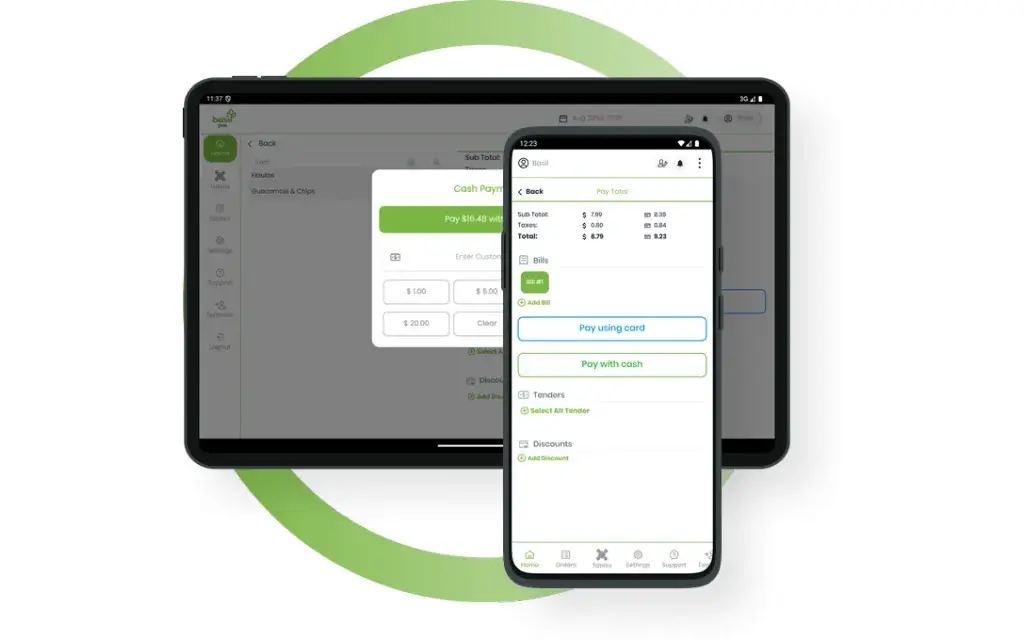 The cash payment dialog open on the tablet till, with the same payment step mirrored on the companion phone app