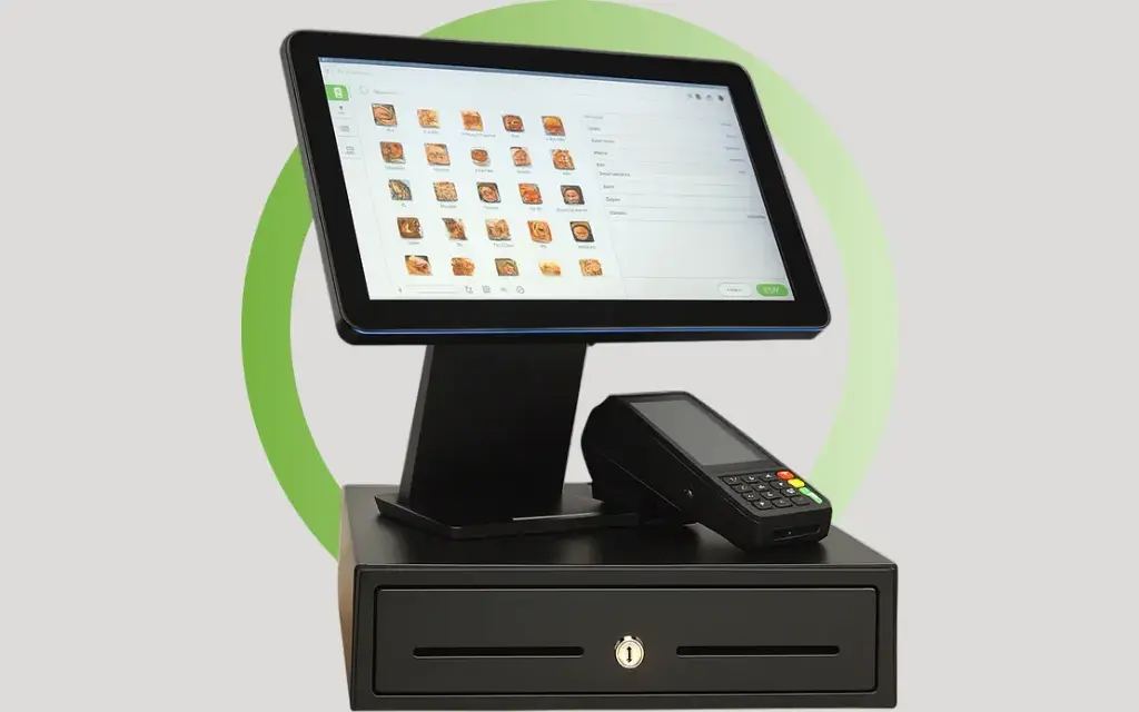 The Basil POS counter setup — a swivel-mounted touchscreen till above a cash drawer, with a card terminal alongside