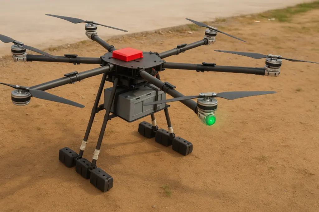 The drone-based telemetry receiver payload mounted on a hexacopter, standing on open ground