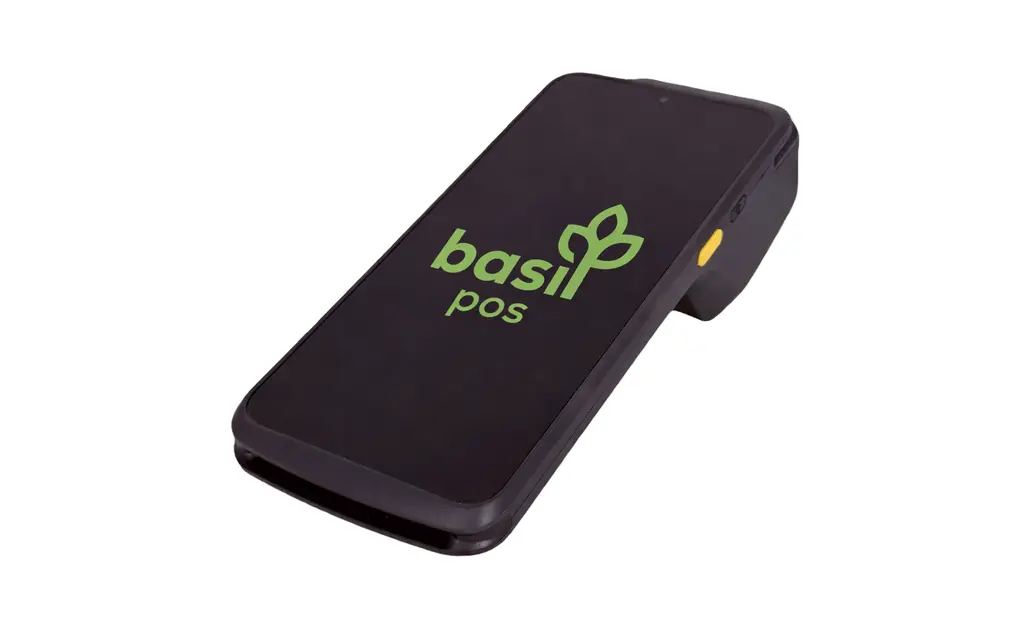 The branded Basil POS handheld terminal, used for taking orders and payments away from the counter
