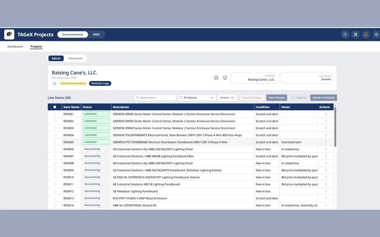A TAGeX project's line items, each row carrying its SKU, review status, equipment description and condition, with a Submit to NetSuite action above the table