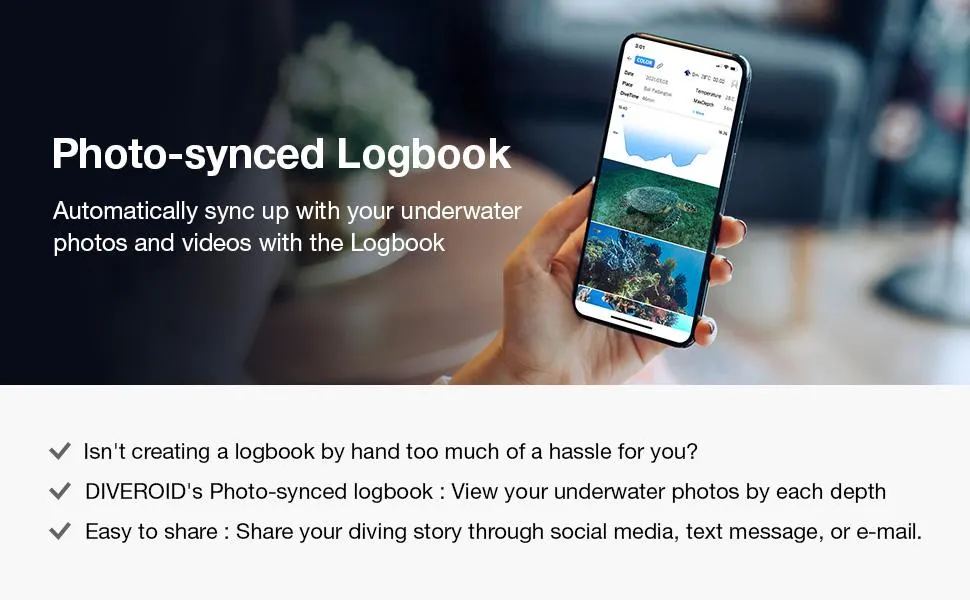 The Diveroid photo-synced logbook on a phone, showing a dive profile above the photos taken at each depth