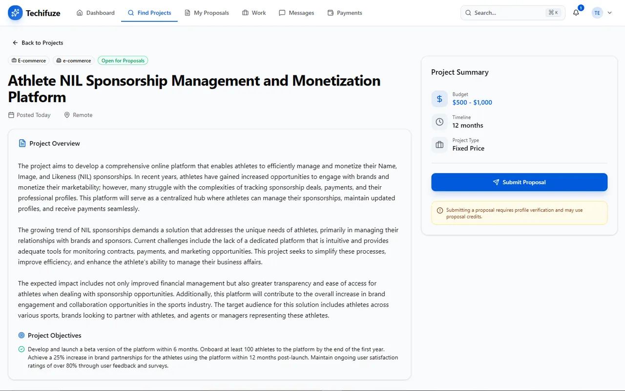 A Techifuze project brief for an athlete NIL sponsorship platform, with the overview and objectives beside a summary panel showing a fixed-price budget, a twelve-month timeline and a submit-proposal button