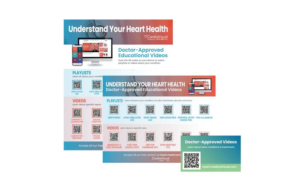 A printed Medical Visual QR sheet for a waiting room, each code opening a playlist of doctor-approved explainer videos