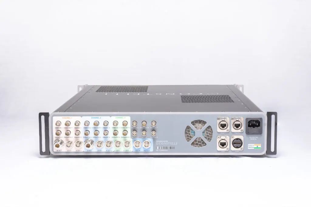 The rear panel of Constelli's digital telemetry receiver, with colour-coded channel connector banks and a Made in India label