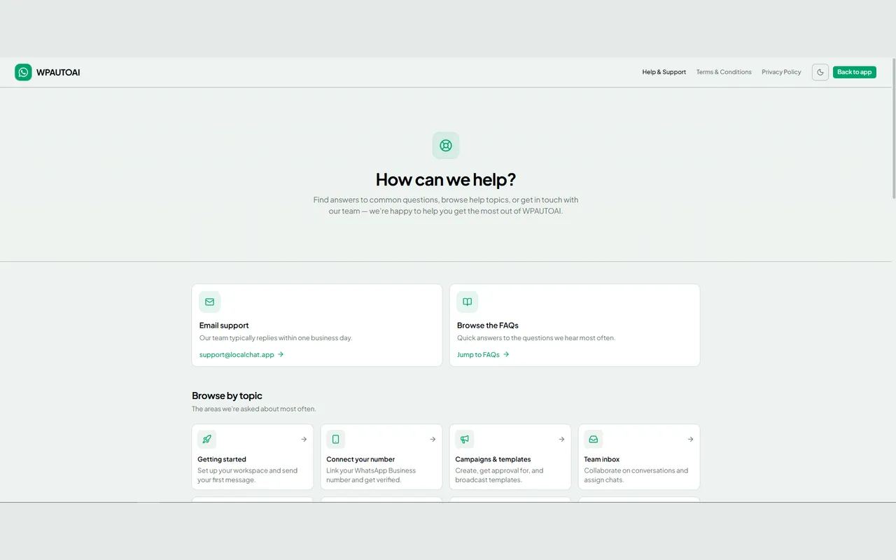 The WapGrow AI help centre, with email support and FAQs above topic cards for getting started, connecting a number, campaigns and the team inbox