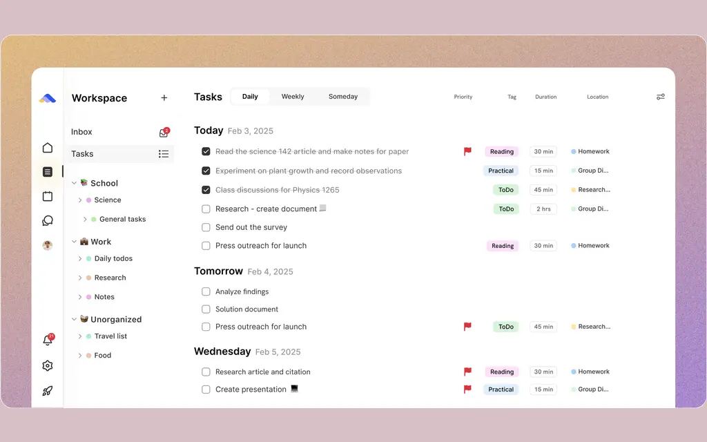 The ByDesign task list grouped by day, each row tagged with a project, a duration and a priority