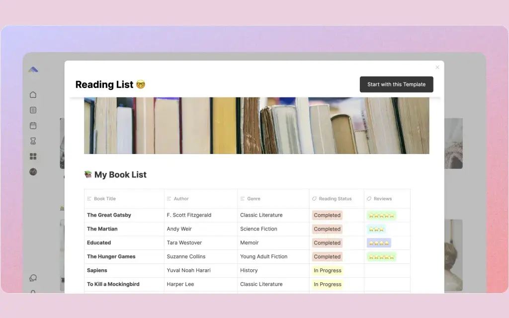 A ByDesign reading-list template, its book table tracking author, genre, rating and completion status