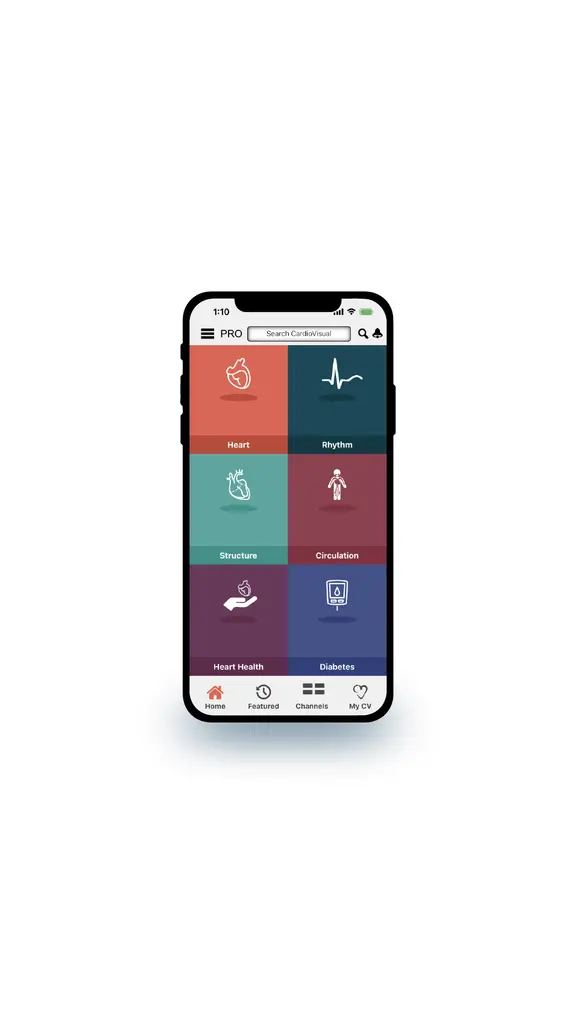 The Medical Visual app home screen, its explainer library split into heart, rhythm, structure, circulation, heart health and diabetes tiles