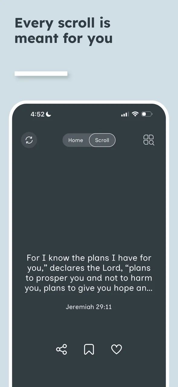 A Waves verse screen showing Jeremiah 29:11 in a scrollable feed, with share, bookmark and favourite actions