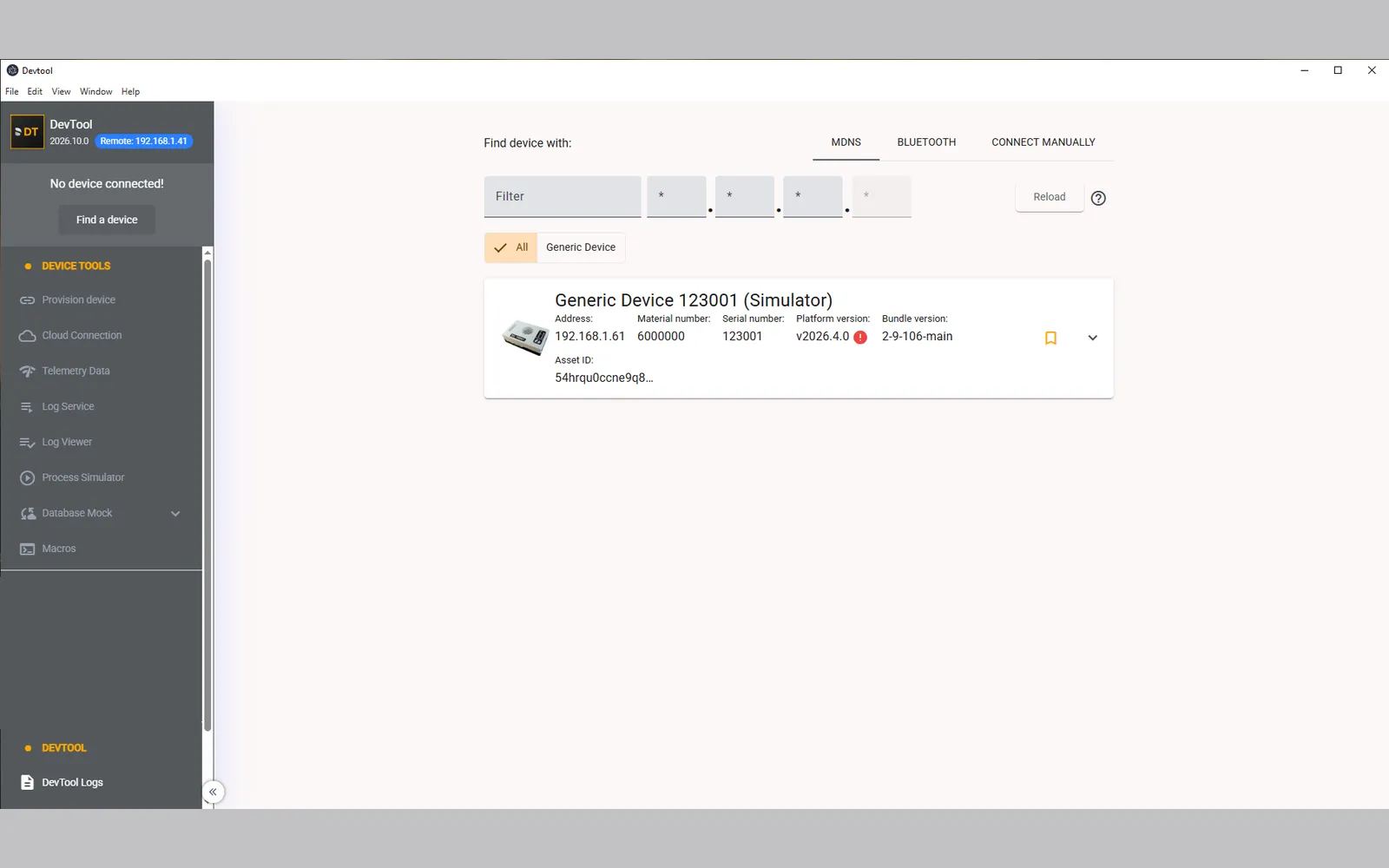 The DevTool device discovery screen, listing a found device with its address, serial number and platform version