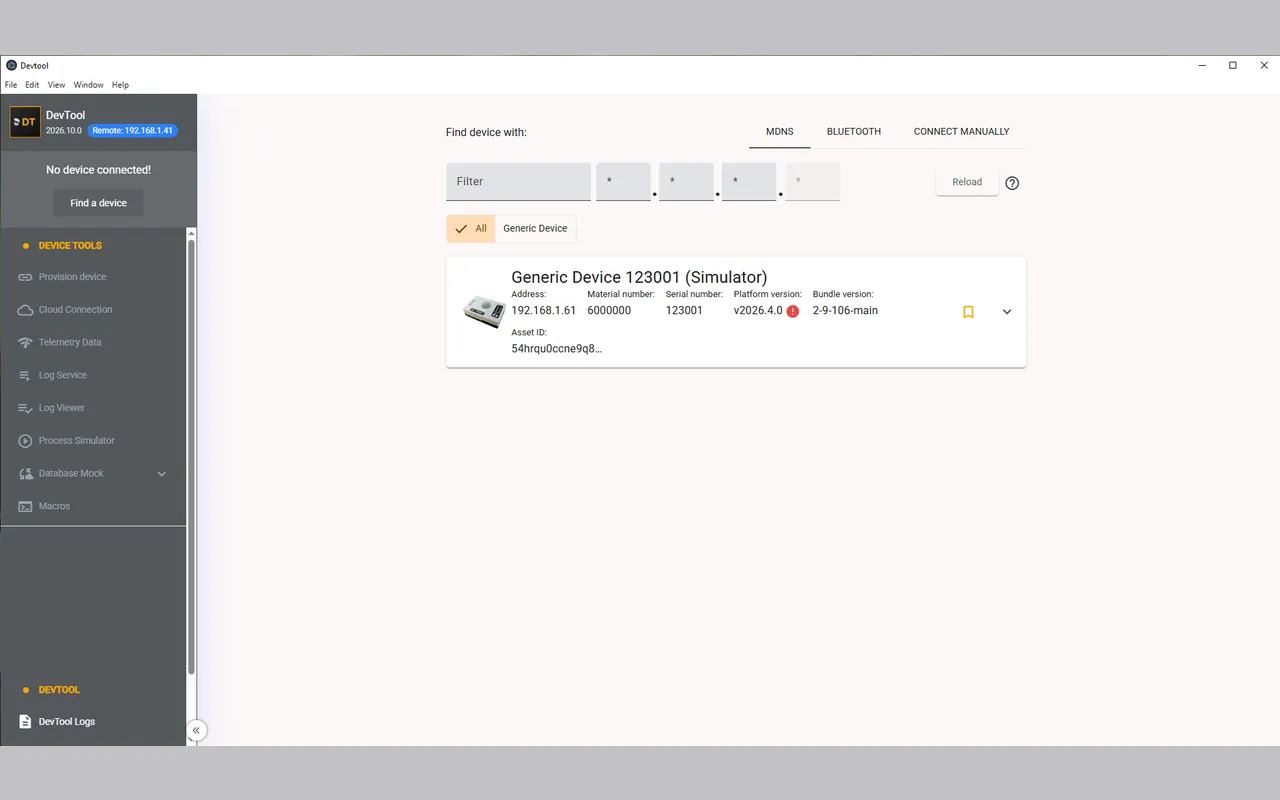DevTool's device discovery screen, with mDNS, Bluetooth and manual connection tabs above a found device showing its address, material and serial numbers, platform version and asset ID