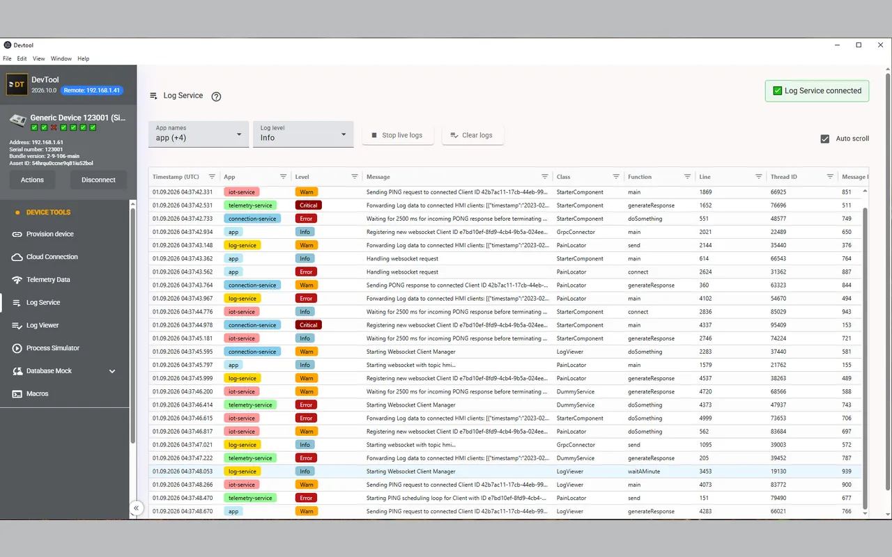 The log service streaming live entries, each row colour-coded by service and severity with its class, function, line and thread
