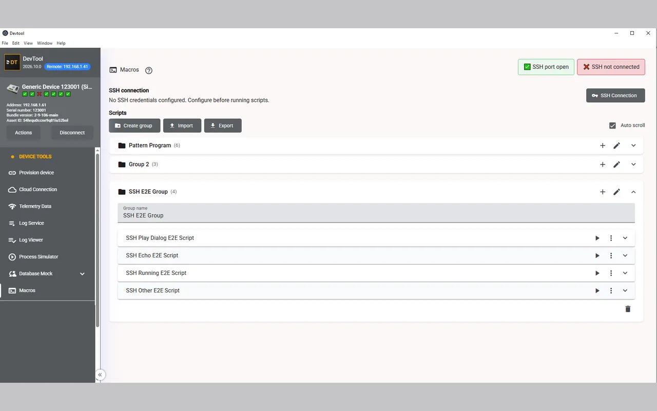 The macros screen, showing grouped end-to-end scripts that can be run against a device over SSH