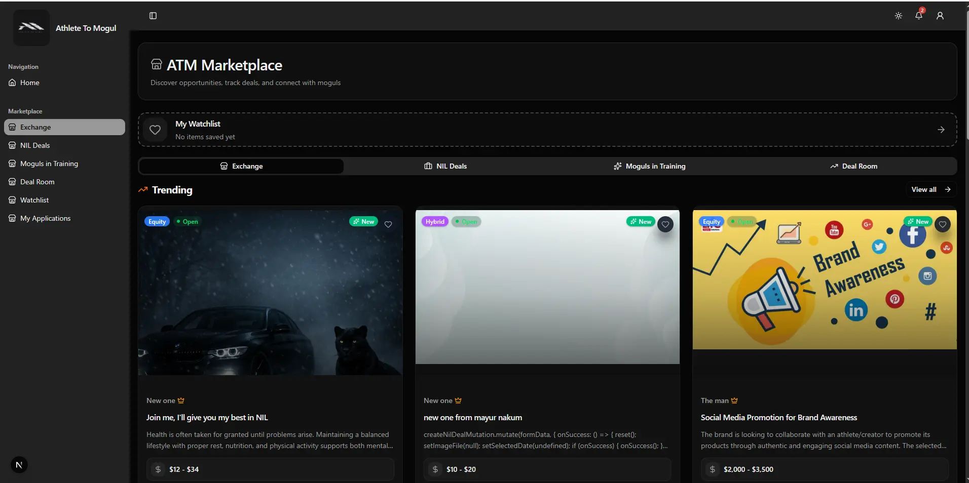 The ATM Marketplace exchange in dark mode, with an empty watchlist above trending listings tagged equity and hybrid, each open and showing a budget range