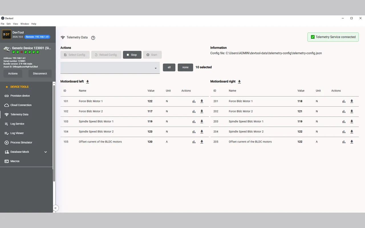Live telemetry from a connected device, motor force and spindle speed readings listed per channel for the left and right motionboards