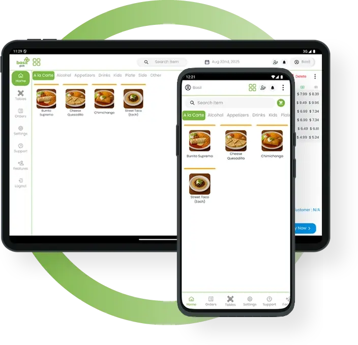 Basil POS tablet and phone showing an à la carte menu and open order total