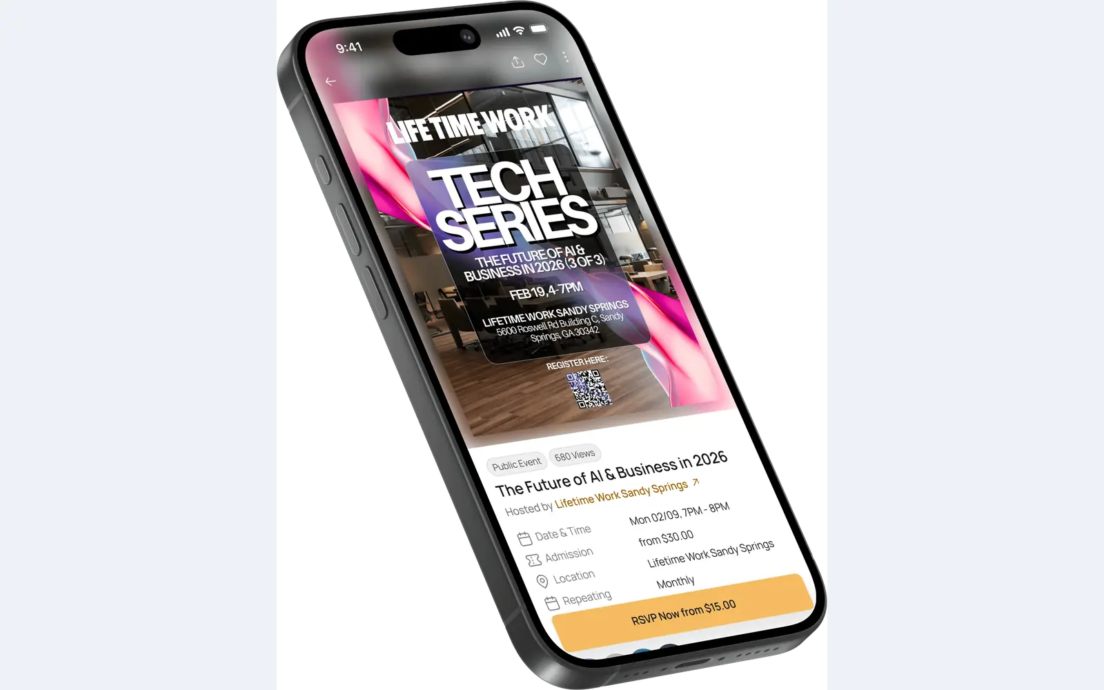 Get Networked mobile app showing an event listing with date, admission and RSVP