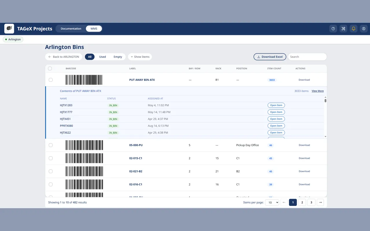 The bin list for a warehouse, each row showing its barcode, bay, rack and position, with one bin expanded to its contents