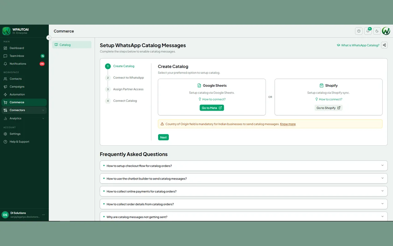 The WhatsApp catalogue setup, offering a Google Sheets or Shopify source across a four-step connect flow