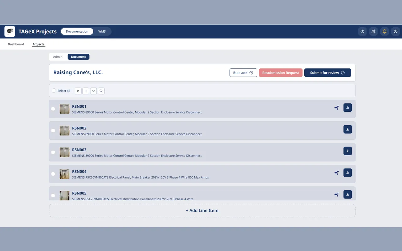 The documentation view of the same project, each captured item shown as a photo thumbnail beside its description, ready for bulk add or submission for review