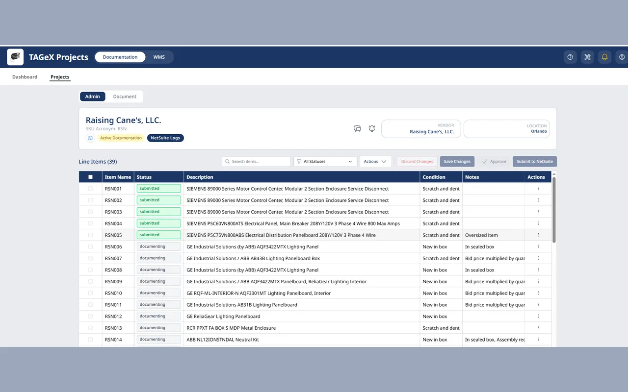 A TAGeX project's line items, each row carrying its SKU, review status, equipment description and condition, with a Submit to NetSuite action above the table