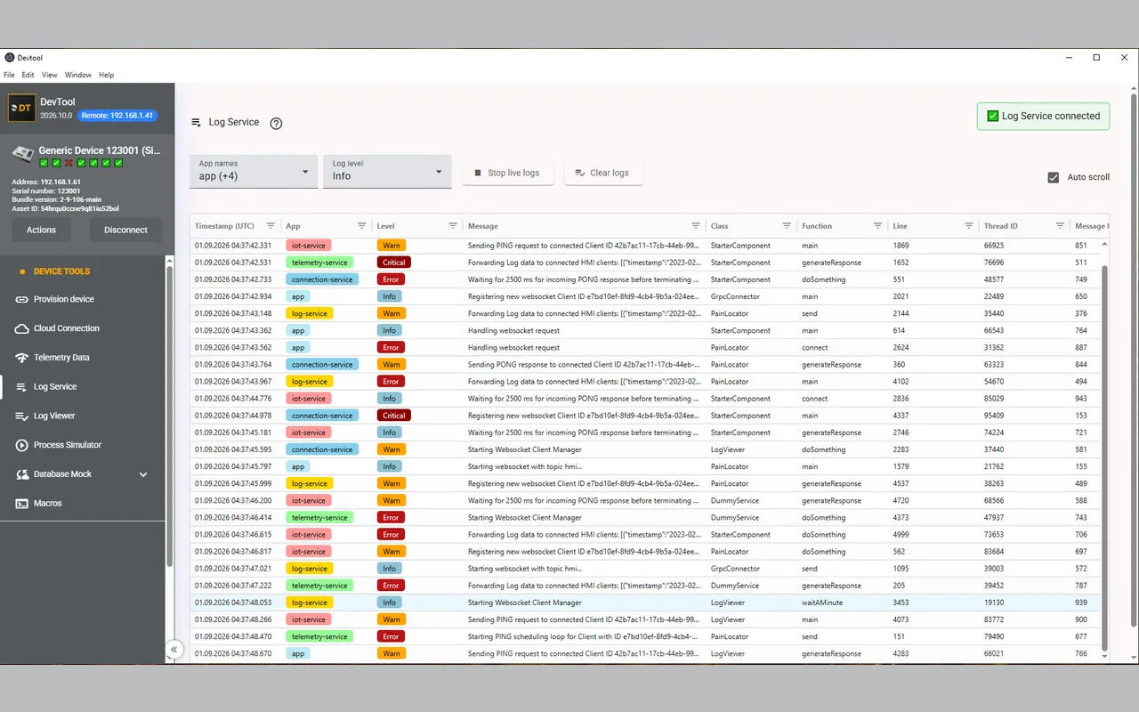 The log service streaming live entries, each row colour-coded by service and severity with its class, function, line and thread