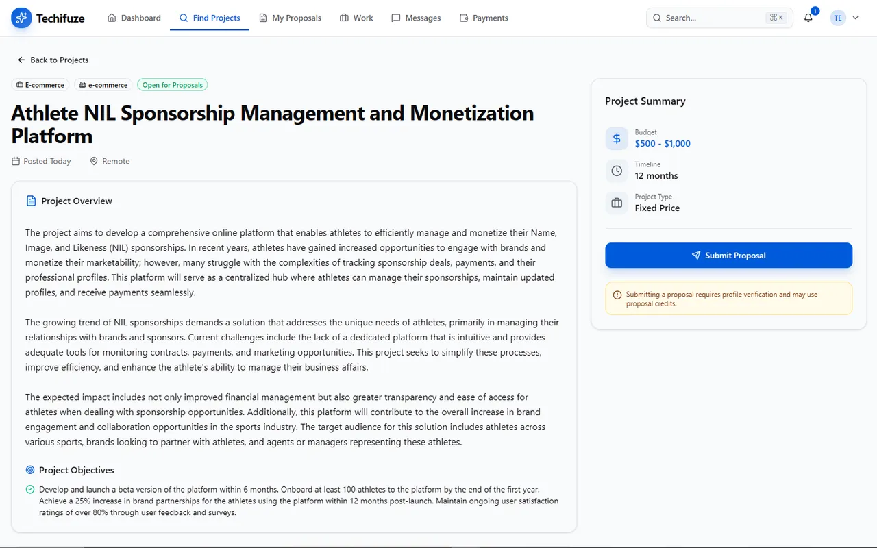 A Techifuze project brief for an athlete NIL sponsorship platform, with the overview and objectives beside a summary panel showing a fixed-price budget, a twelve-month timeline and a submit-proposal button