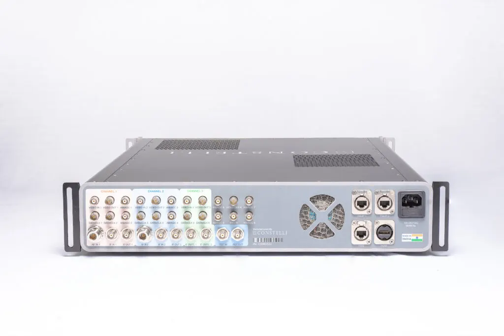 The rear panel of Constelli's digital telemetry receiver, with colour-coded channel connector banks and a Made in India label
