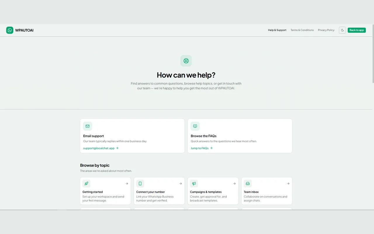 The WapGrow AI help centre, with email support and FAQs above topic cards for getting started, connecting a number, campaigns and the team inbox