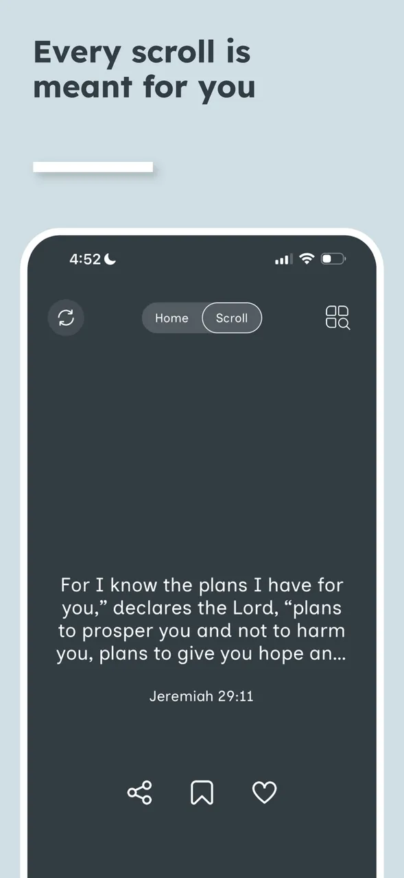 A Waves verse screen showing Jeremiah 29:11 in a scrollable feed, with share, bookmark and favourite actions