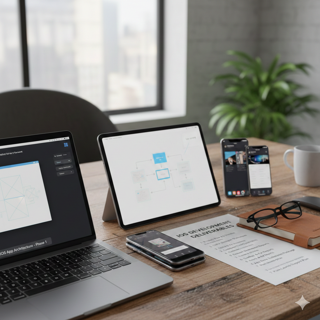 Our iOS development deliverables - AI, UI/UX, backend, APNs, storage, support